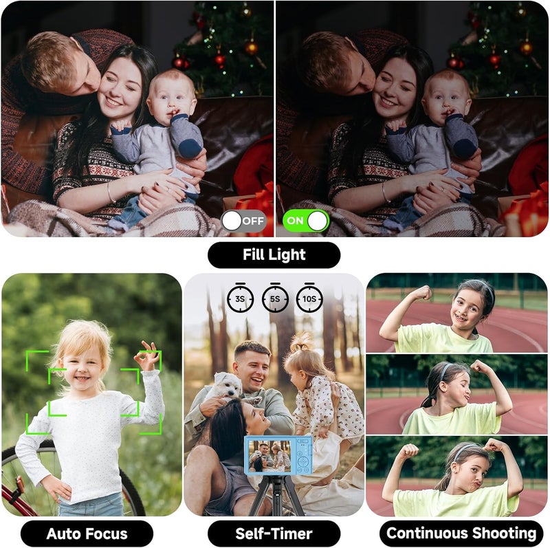 ceye Digital Camera, FHD 4K Digital Camera with 64GB SD Card, 44MP Digital Point and Shoot Camera, 16X Digital Zoom, Anti Shake, 3-LED Fill Lights, Compact Camera for Kids Teen Boys Girls, Blue - Image 4